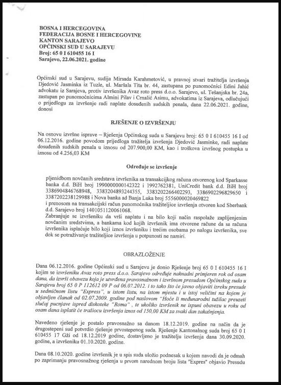 Faksimil prve strane rješenja sutkinje Karahmetović kojim se od „Avaza“ otima ukupno 212.000 KM - Avaz