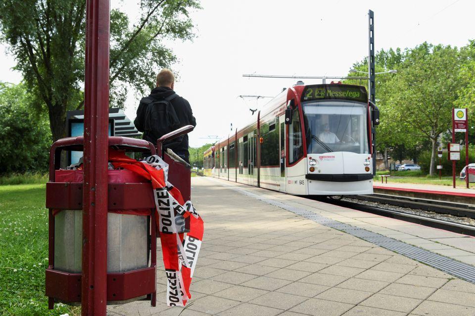 Police cordon tape is seen in a garbage can at the Faerberwaidweg tram stop, where a man attacked passers-by with a knife, in Erfurt, Germany, June 28, 2021. - Avaz