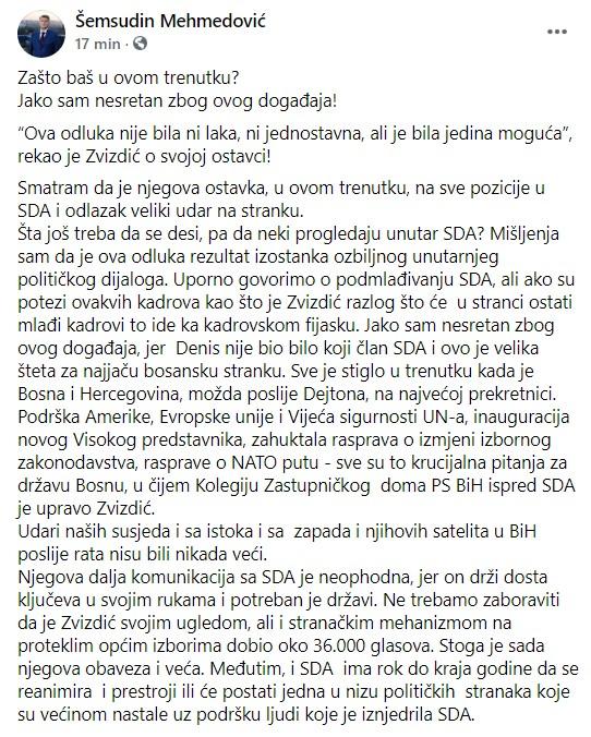 Objava Mehmedovića na Facebooku - Avaz