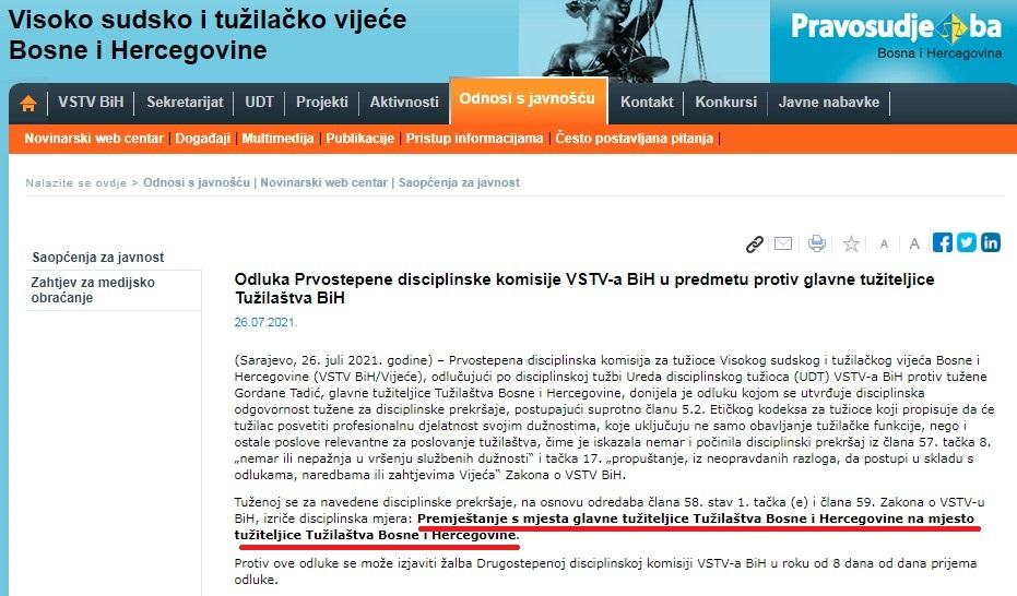 Faksimil saopćenja VSTV-a: "Avaz" je među prvima objavio vijest koristeći službenu formulaciju iz saopćenja VSTV-a da se Gordani Tadić izriče disciplinska mjera „premještanje s mjesta glavne tužiteljice Tužilaštva Bosne i Hercegovine na mjesto tužiteljice Tužilaštva Bosne i Hercegovine“ - Avaz