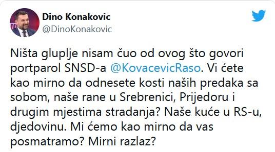 Konakovićev status na Twitteru - Avaz