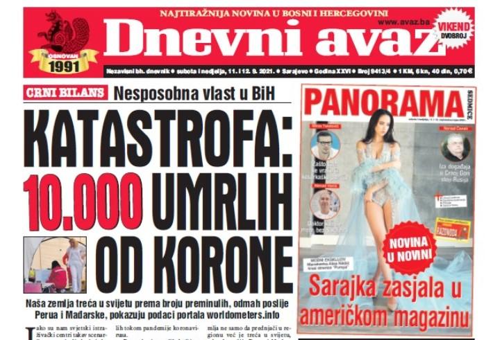 Danas u "Dnevnom avazu" čitajte: 10.000 umrlih od korone