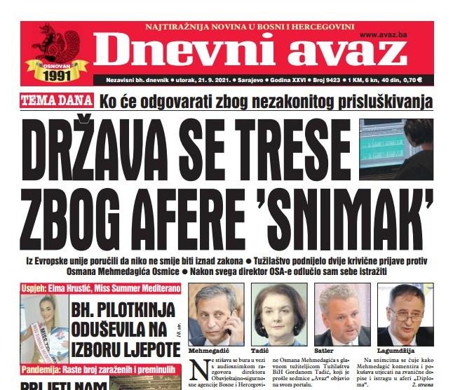 Danas u "Dnevnom avazu" čitajte: Država se trese zbog afere "Snimak"