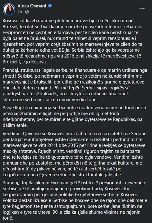 Objava Vjose Osmani na Facebooku - Avaz