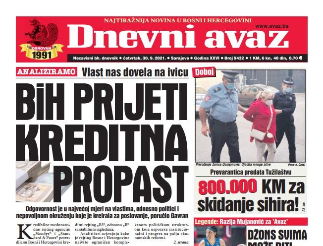 Danas u "Dnevnom avazu" čitajte: BiH prijeti kreditna propast