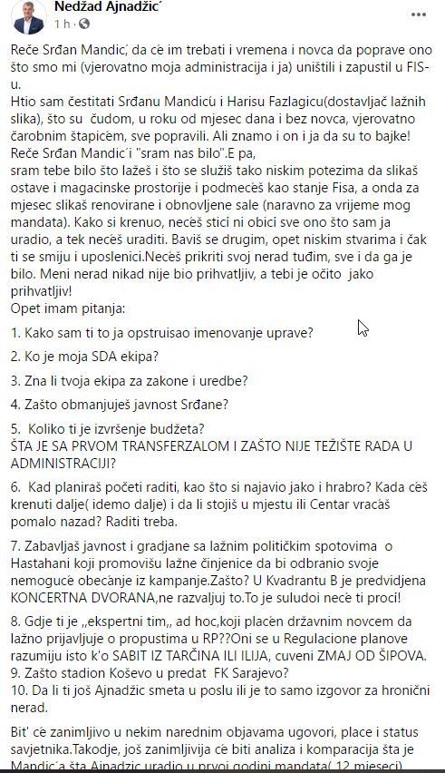 Status koji je objavio Ajnadžić - Avaz