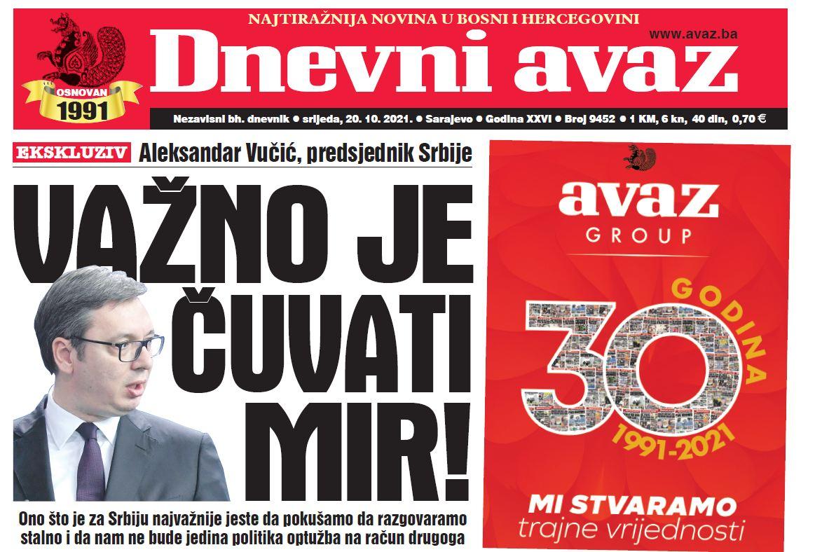 Danas u "Dnevnom avazu" čitajte: Važno je čuvati mir!