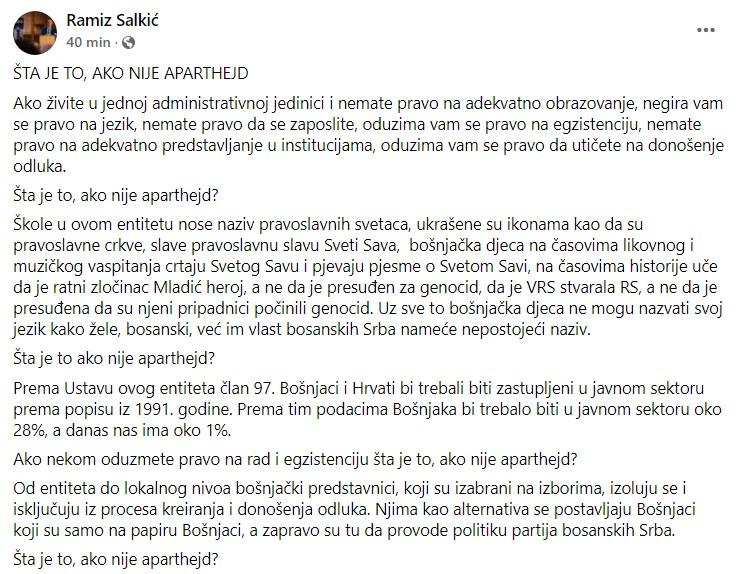 Objava Salkića na Facebooku - Avaz