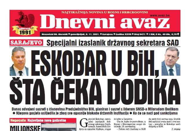 Danas u "Dnevnom avazu": Eskobar u BiH, šta čeka Dodika