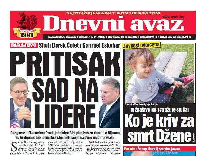 Danas u "Dnevnom avazu": Pritisak SAD na lidere