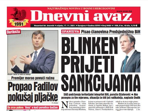 Danas u "Dnevnom avazu" čitajte: Blinken prijeti sankcijama