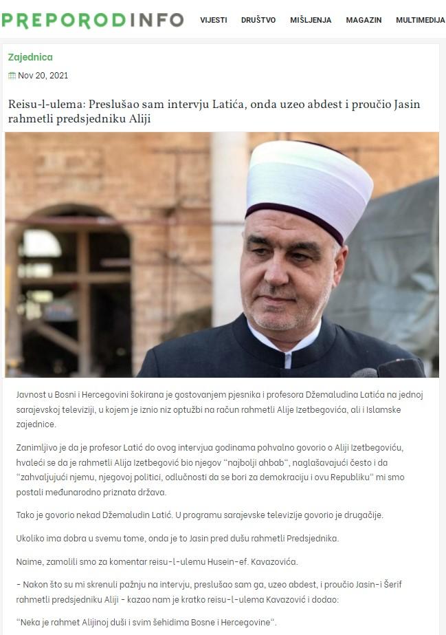 Tekst koji je objavio portal Preporod - Avaz