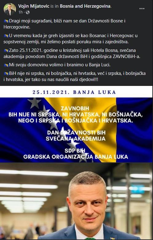 Status Vojina Mijatovića na Facebooku - Avaz