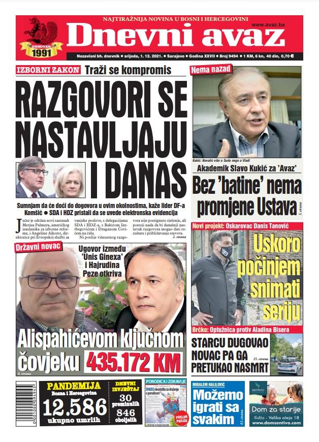 Naslovnica današnjeg "Dnevnog avaza" - Avaz