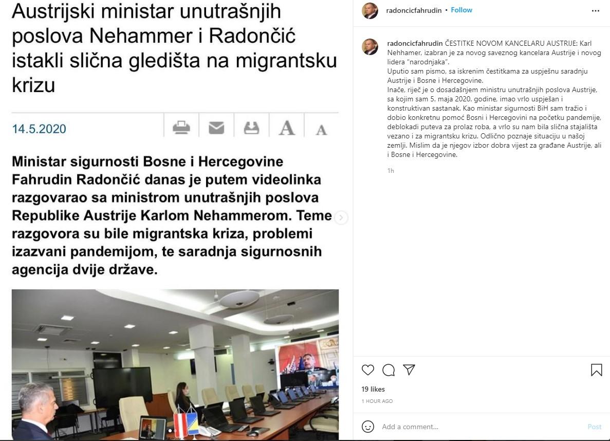 Objava na Instagramu - Avaz