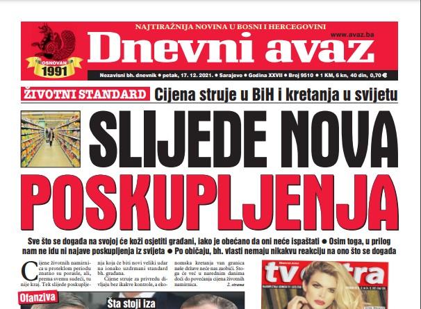 Današnji "Dnevni avaz": Slijede nova poskupljenja