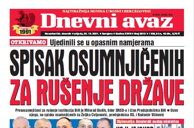 Danas u "Dnevnom avazu" čitajte: Spisak osumnjičenih za rušenje države