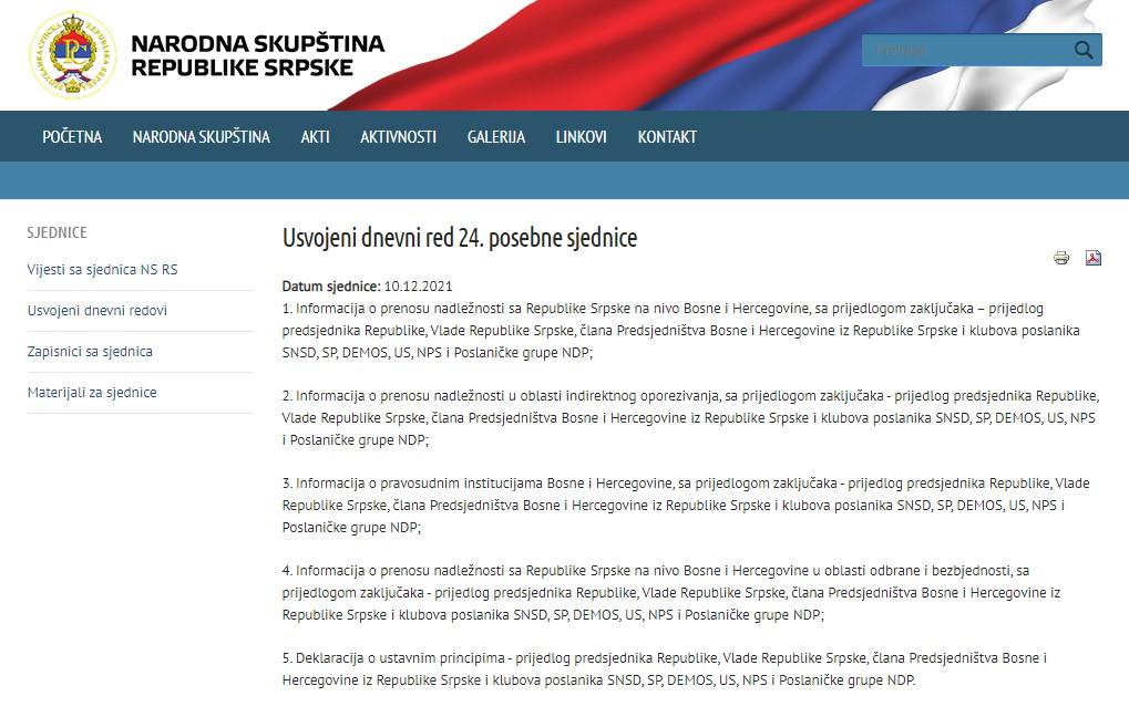 Print screen usvojenog dnevnog  reda 24. posebne sjednice - Avaz