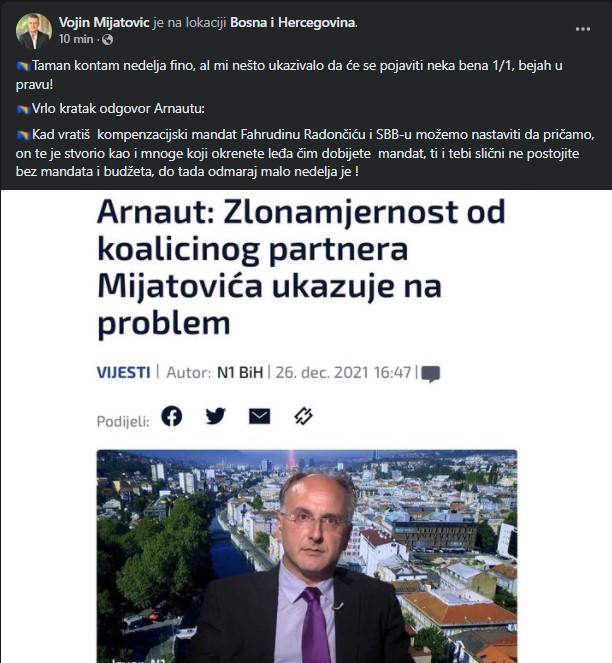 Status Vojina Mijatovića na Facebooku - Avaz