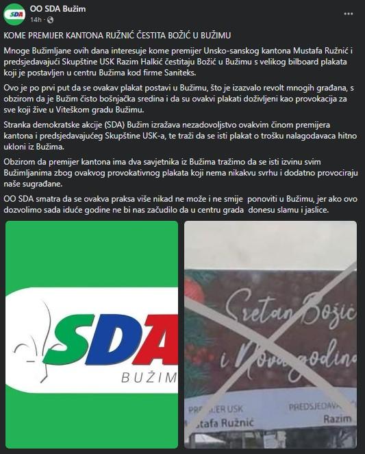 Objava na stranici OO SDA Bužim - Avaz