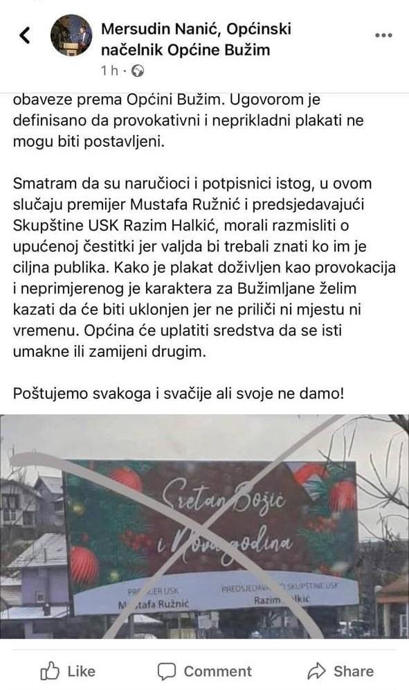 Objava na Facebook stranici načelnika Bužima - Avaz