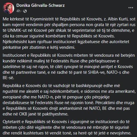 Objava ministrice vanjskih poslova i dijaspore Kosova Donike Gervale-Švarc - Avaz