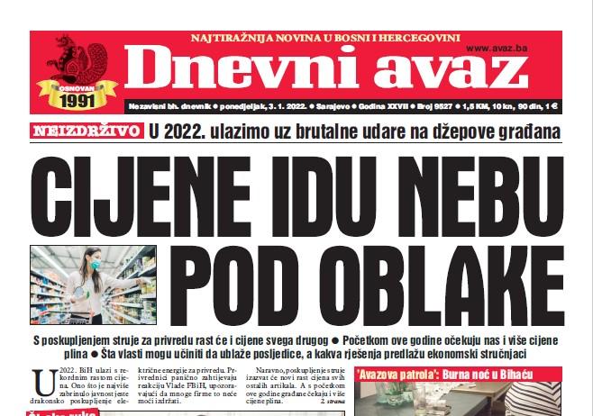 Danas u "Dnevnom avazu" čitajte: Cijene idu nebu pod oblake