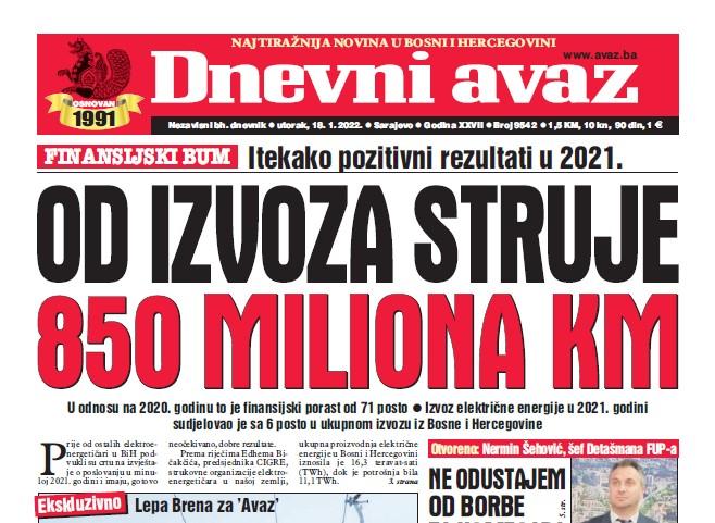 Danas u "Dnevnom avazu" čitajte: Od izvoza struje 850 miliona KM