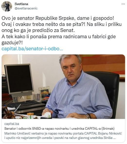 Objava Svetlane Cenić na Twitteru - Avaz