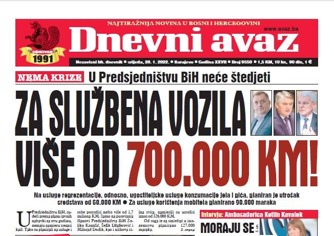 Danas u "Dnevnom avazu" čitajte: Za službena vozila više od 700.000 KM!