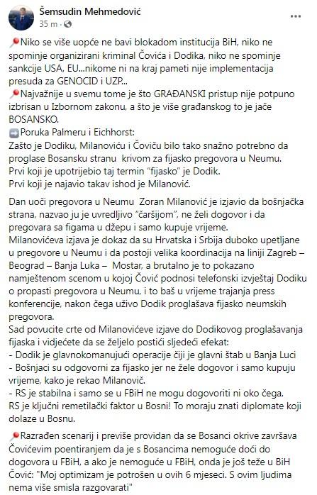 Objava Mehmedovića na Facebooku - Avaz