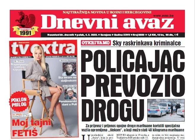 Danas u "Dnevnom avazu" čitajte: Policajac prevozio drogu