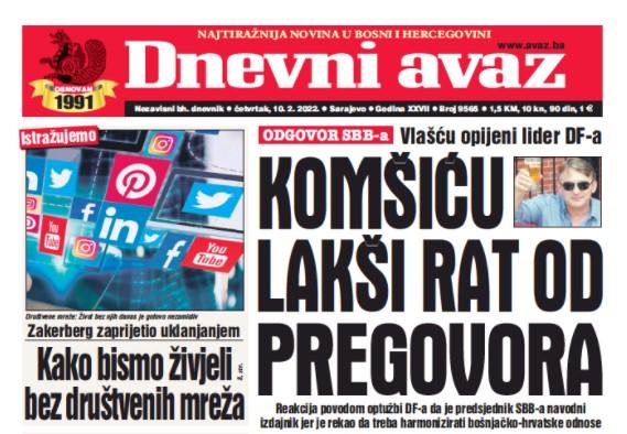 Danas u "Dnevnom avazu" čitajte: Komšiću lakši rat od pregovora