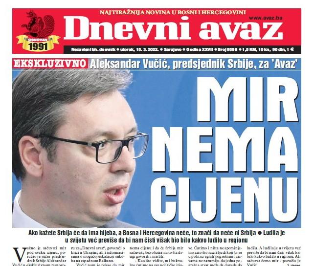 Danas u "Dnevnom avazu" čitajte: Mir nema cijenu