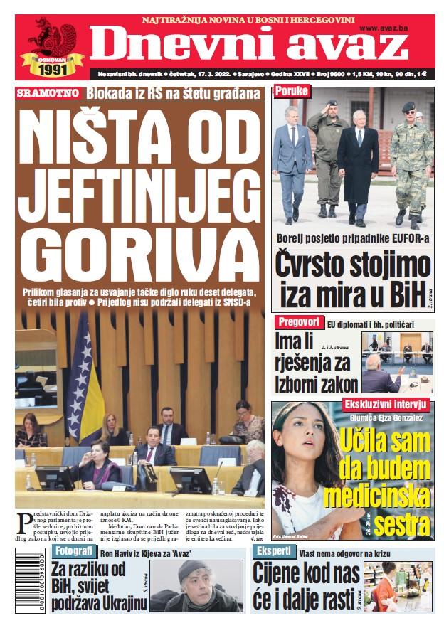 Današnja naslovna strana "Dnevnog avaza" - Avaz