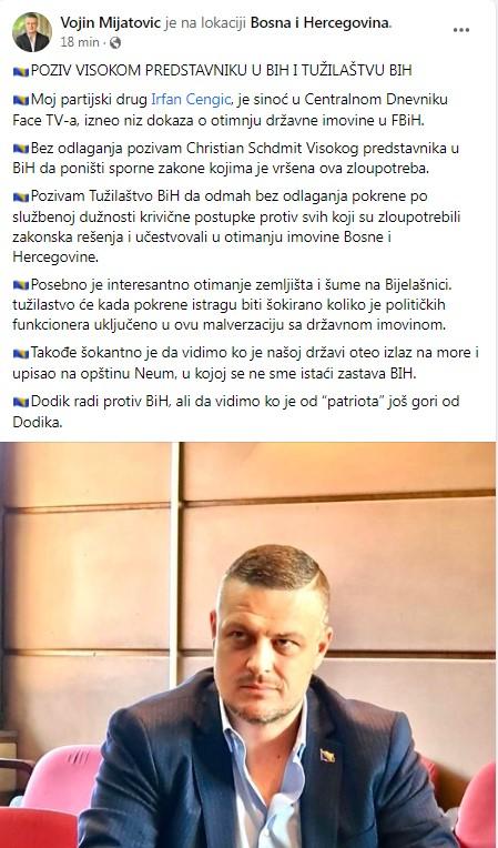 Objava Vojina Mijatovića na Facebooku - Avaz