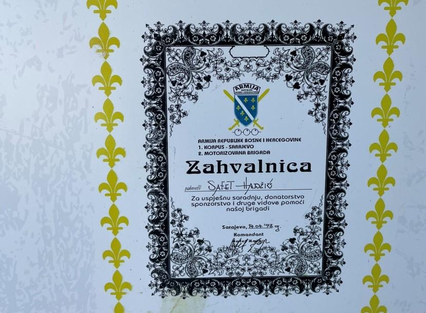 Zahvalnica Safetu Hadžiću - Avaz