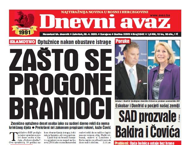 Danas u "Dnevnom avazu" čitajte: Zašto se progone branioci