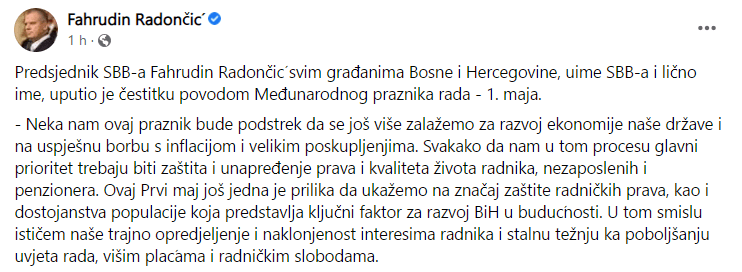 Čestitka predsjednika SBB-a objavljena na Facebooku - Avaz