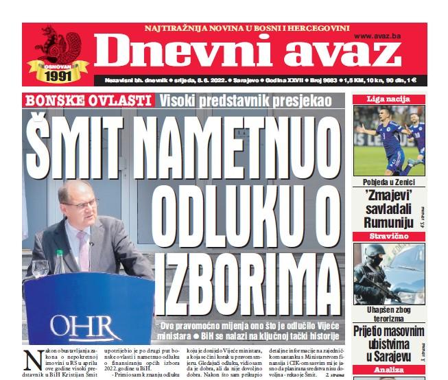 Danas u "Dnevnom avazu" čitajte: Šmit nametnuo odluku o finansiranju izbora