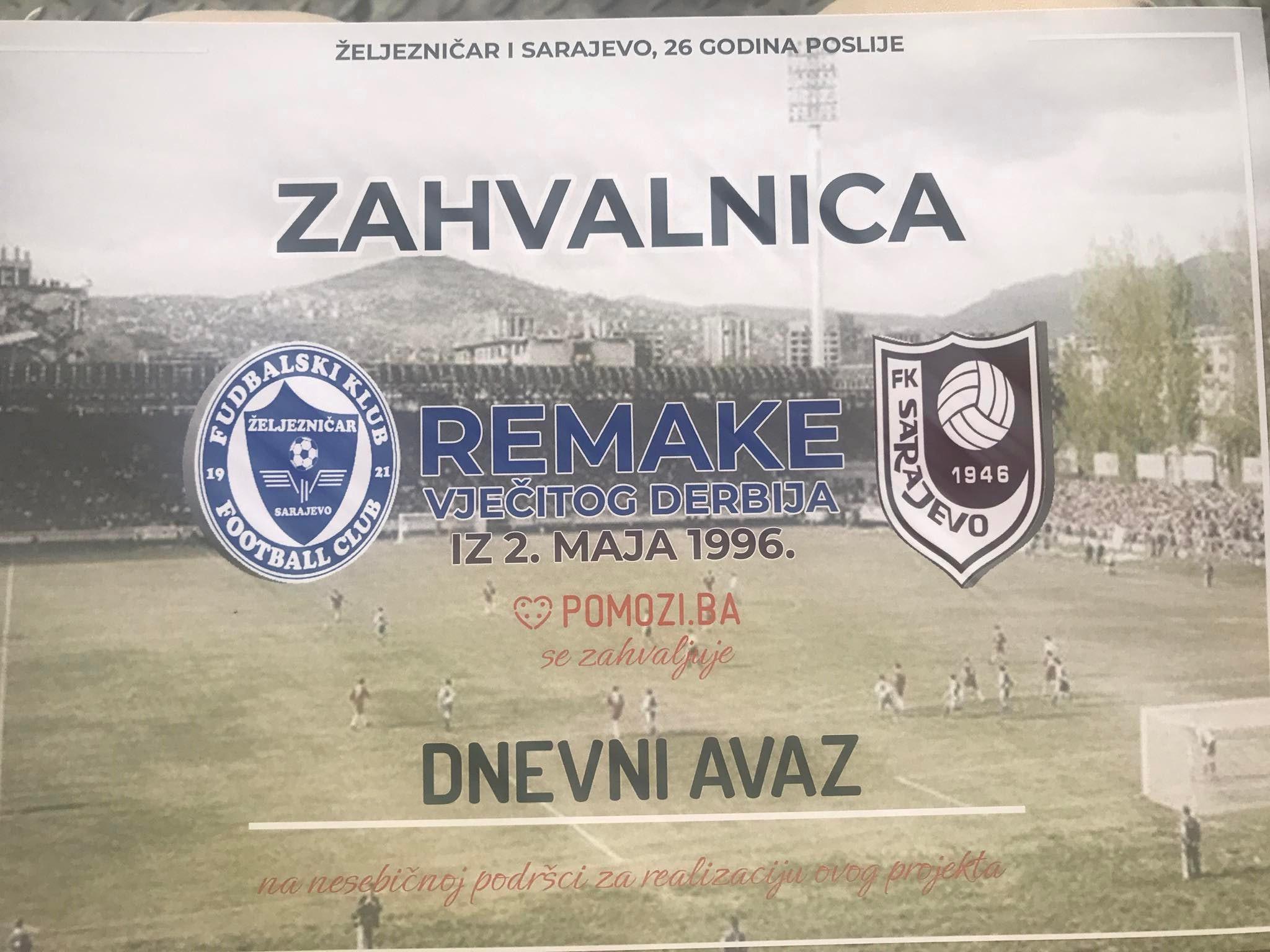 "Dnevnom avazu" uručena zahvalnica nakon odigranog rimejka sarajevskog derbija iz 1996.