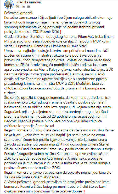 Facebook status Fuada Kasumovića - Avaz