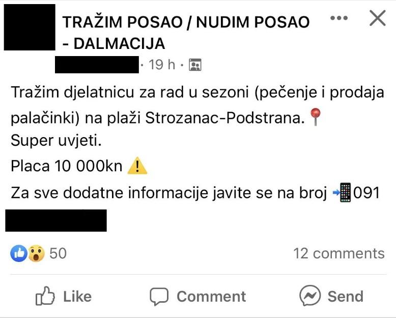 Oglas u jednoj grupi za traženje posla - Avaz