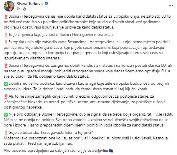 Objava Turković na Facebooku - Avaz