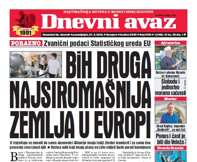 Danas u "Dnevnom avazu" čitajte: BiH druga najsiromašnija zemlja u Evropi