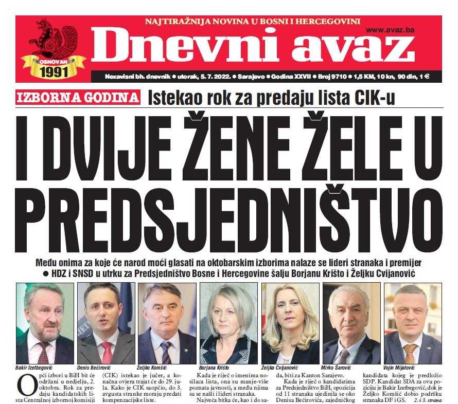 Danas u "Dnevnom avazu" čitajte: I dvije žene žele u Predsjedništvo