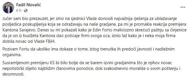 Objava Novalića na Facebooku - Avaz