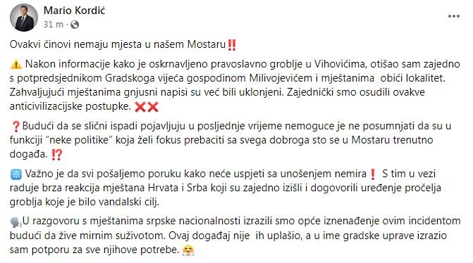 Objava Kordića na Facebooku - Avaz