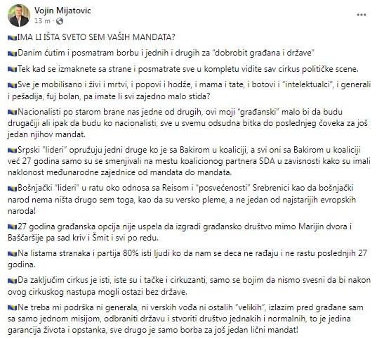 Objava Mijatovića na Facebooku - Avaz