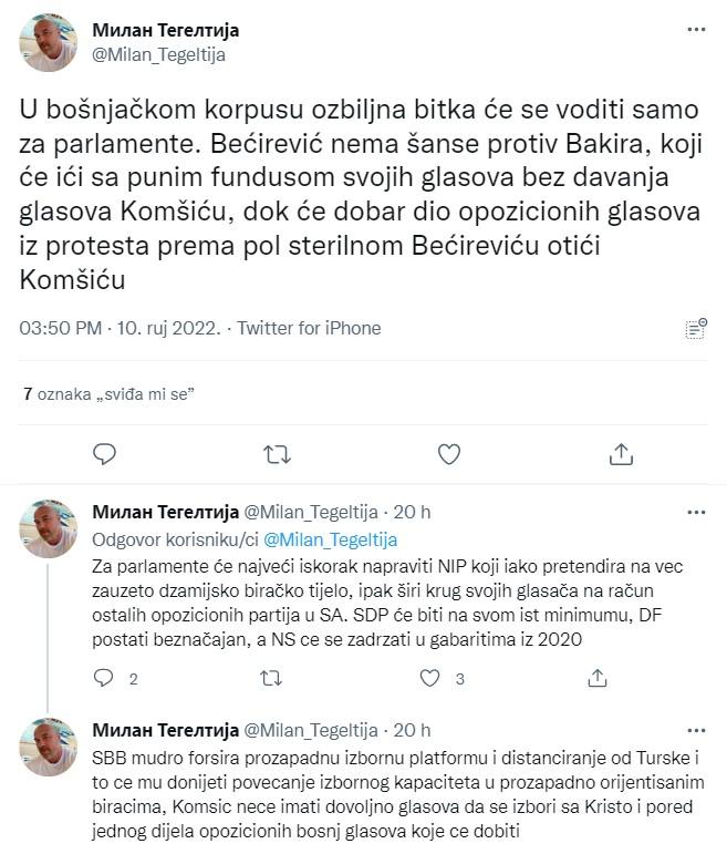 Objave Tegeltije na Twitteru - Avaz